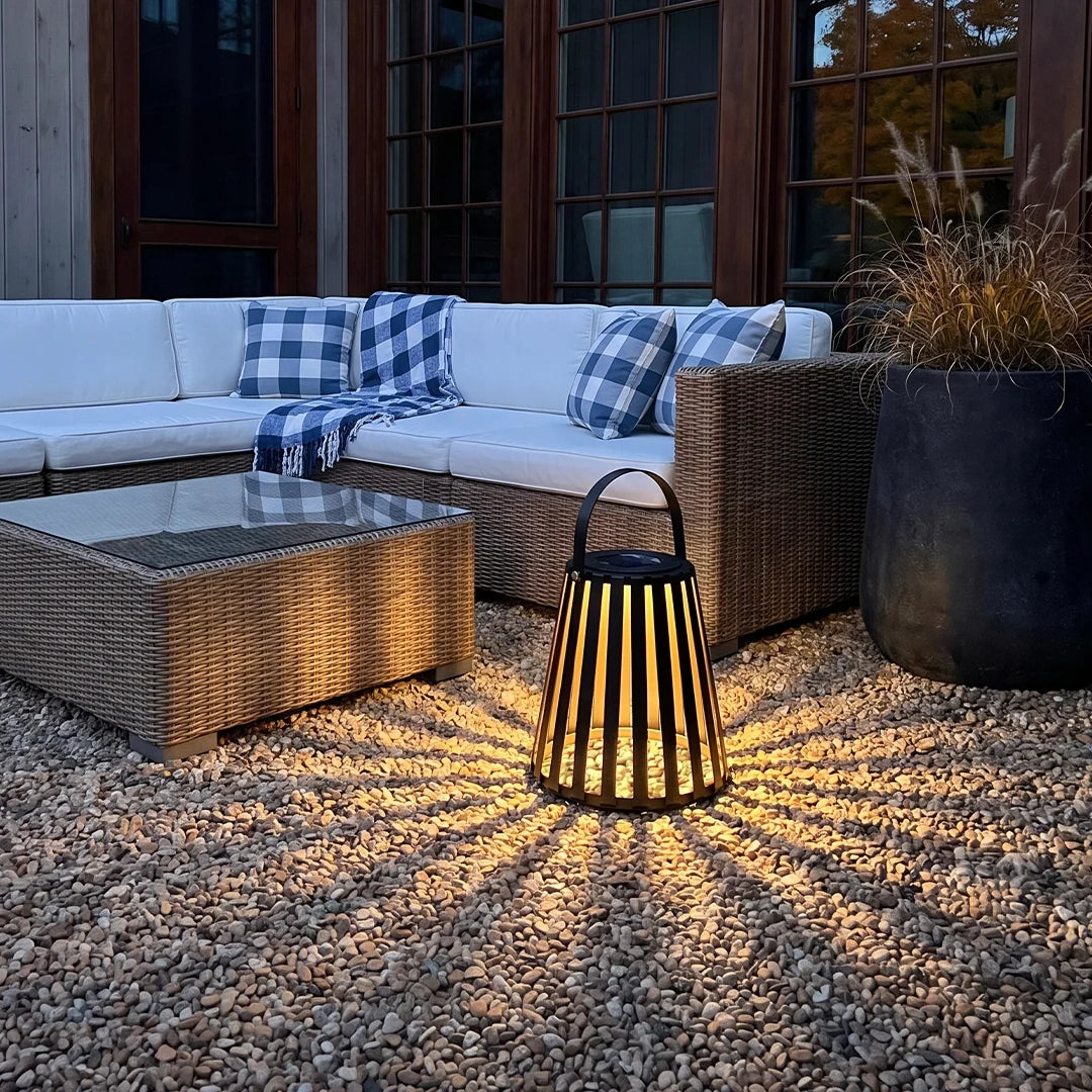 Slatted Solar Patio Lantern, Black Stainless Steel Portable Light