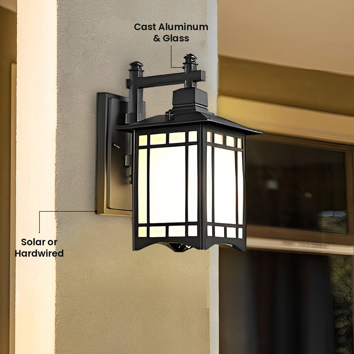 Retro Lantern Solar Wall Light: Solar or Hardwired, Cast Aluminum & Glass