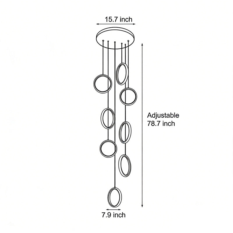 Floating Ring Staircase Chandelier, Gold Aluminum Long Drop Light 7