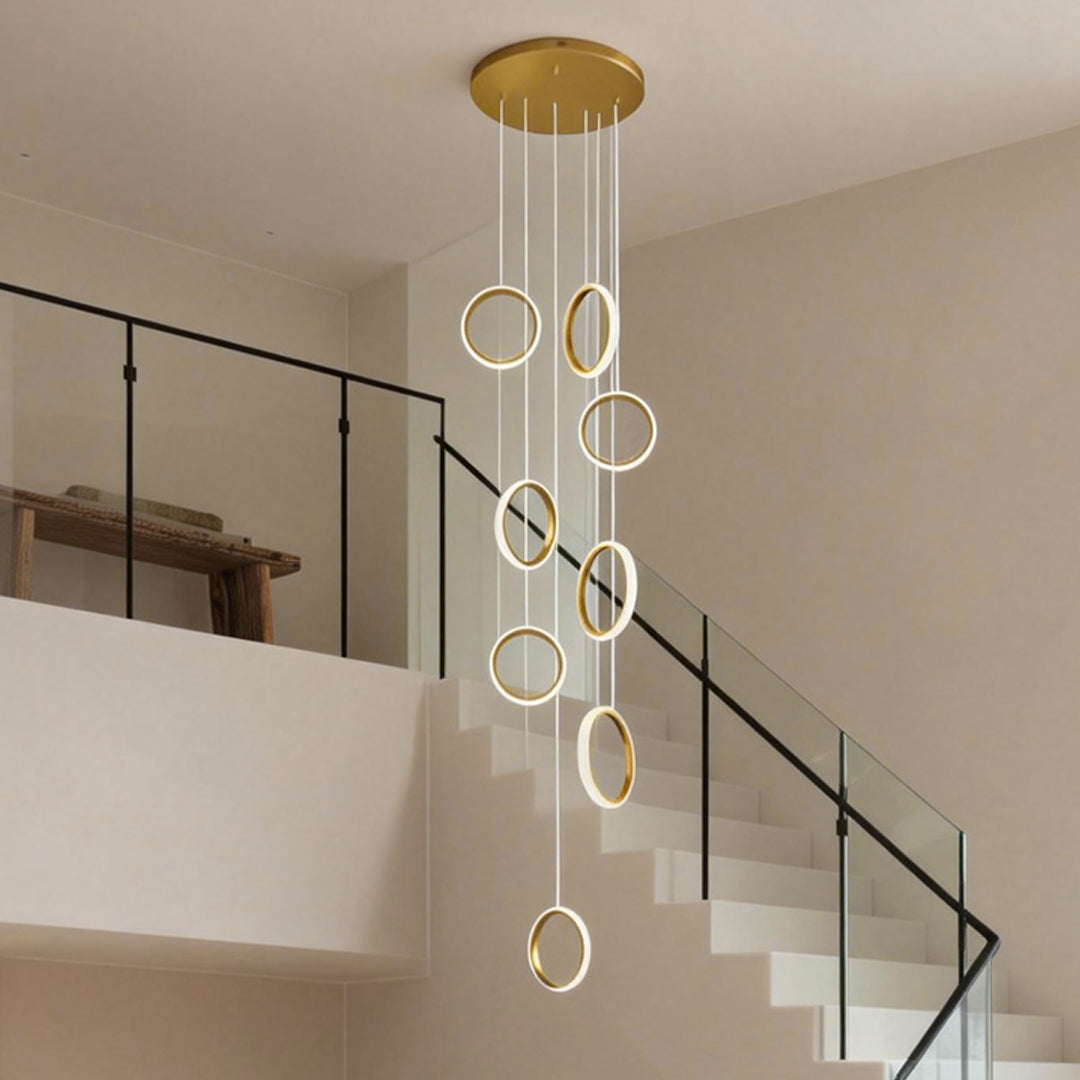 Floating Ring Staircase Chandelier, Gold Aluminum Long Drop Light 2
