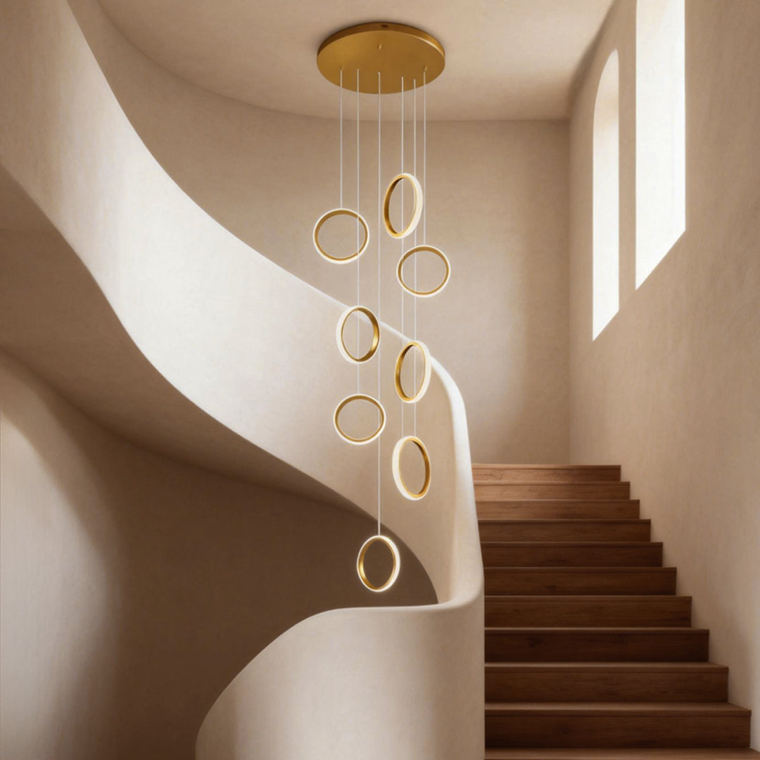 Floating Ring Staircase Chandelier, Gold Aluminum Long Drop Light
