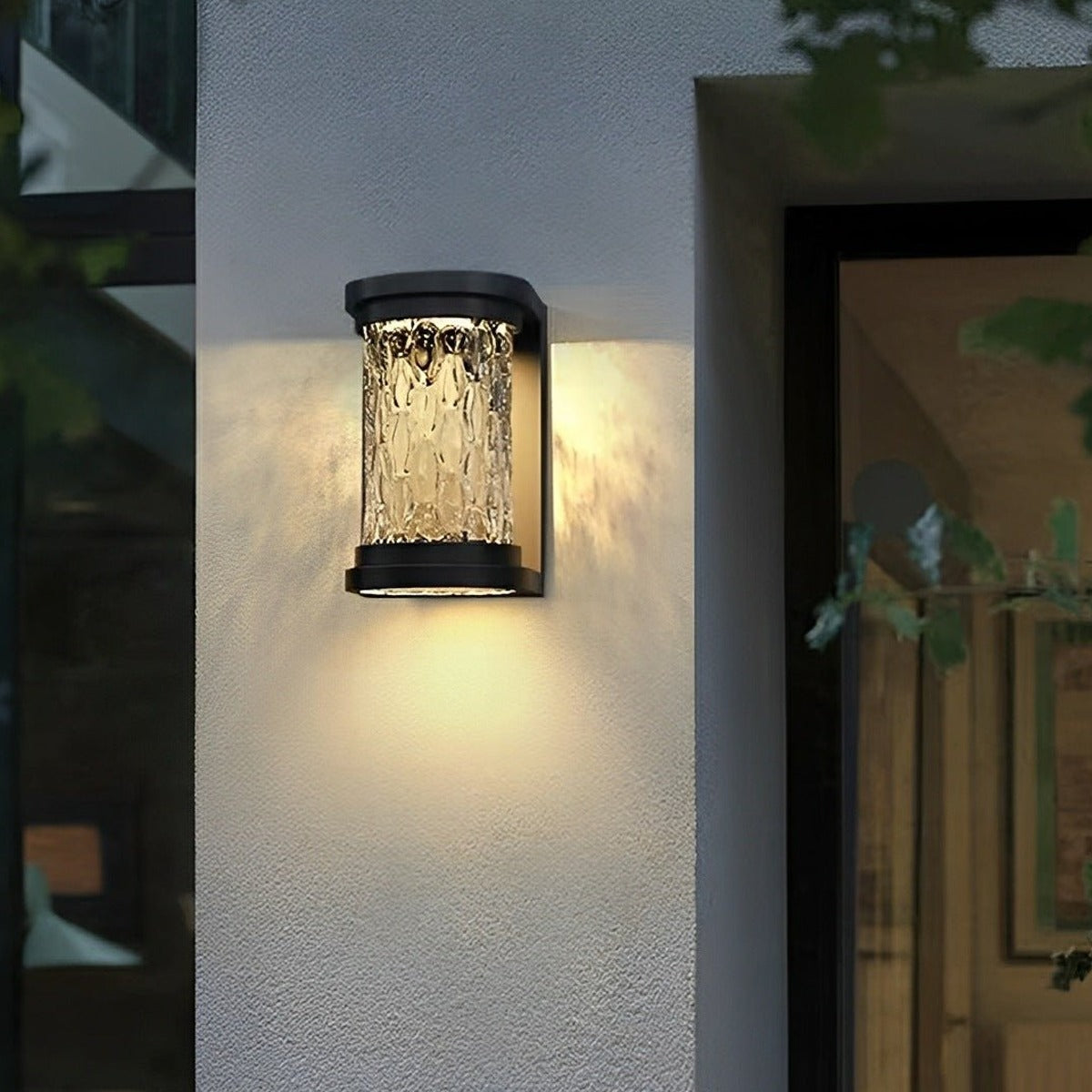 Rippled Glass Drum Wall Light, Black Stainless Steel Porch Sconce