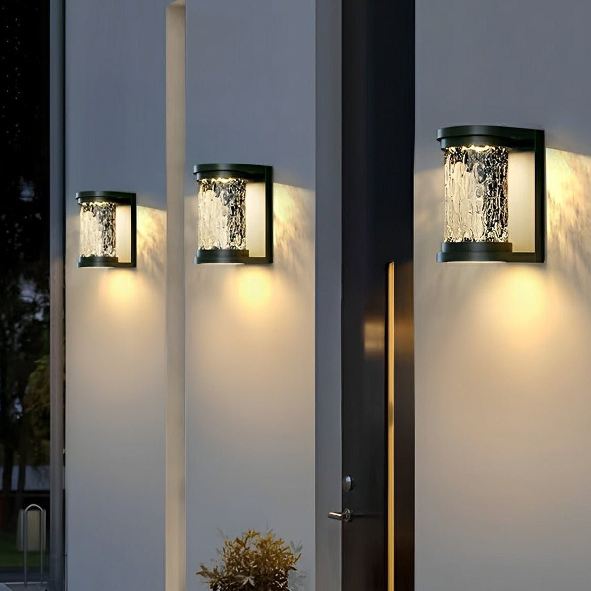 Rippled Glass Drum Wall Light, Black Stainless Steel Porch Sconce 3