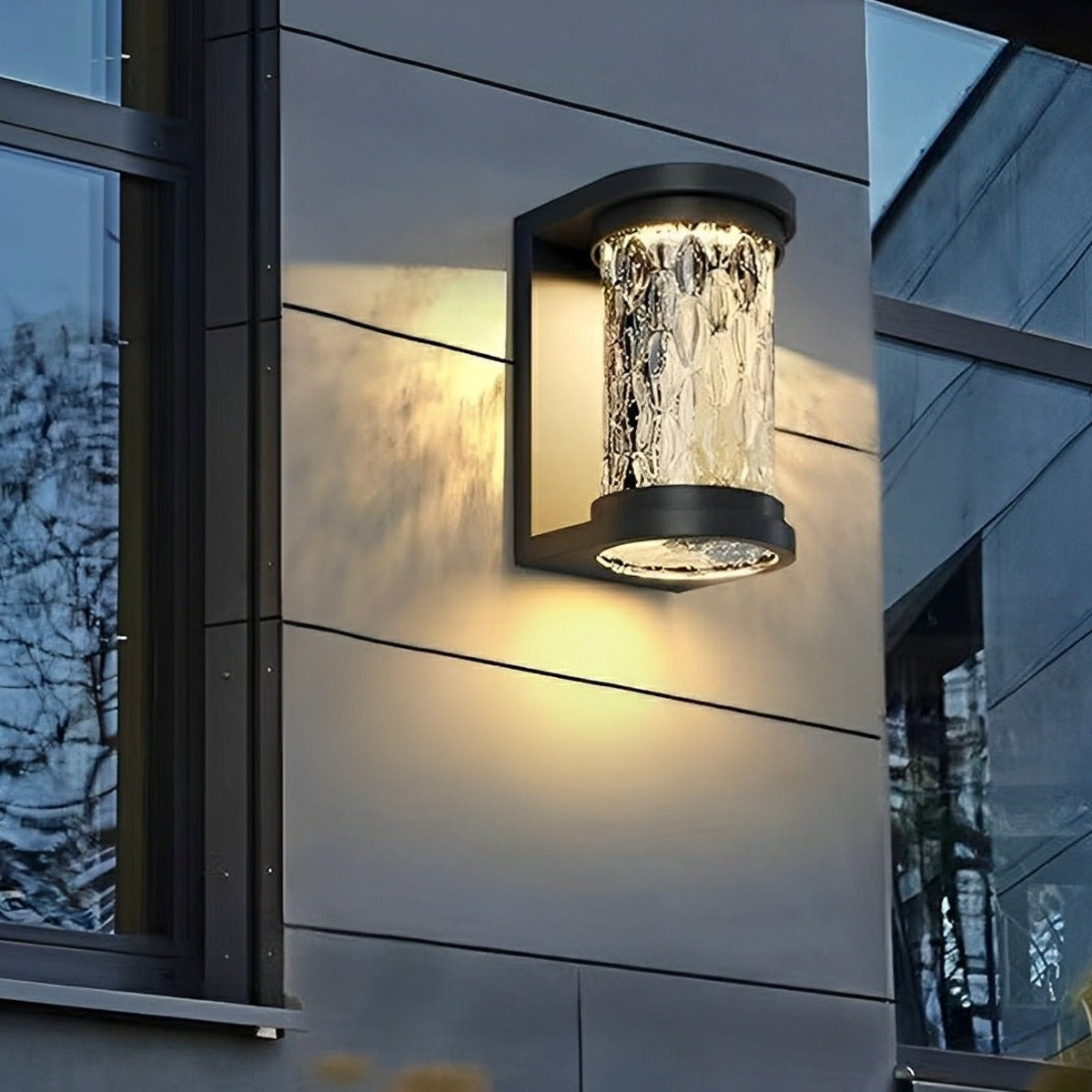 Rippled Glass Drum Wall Light, Black Stainless Steel Porch Sconce 4