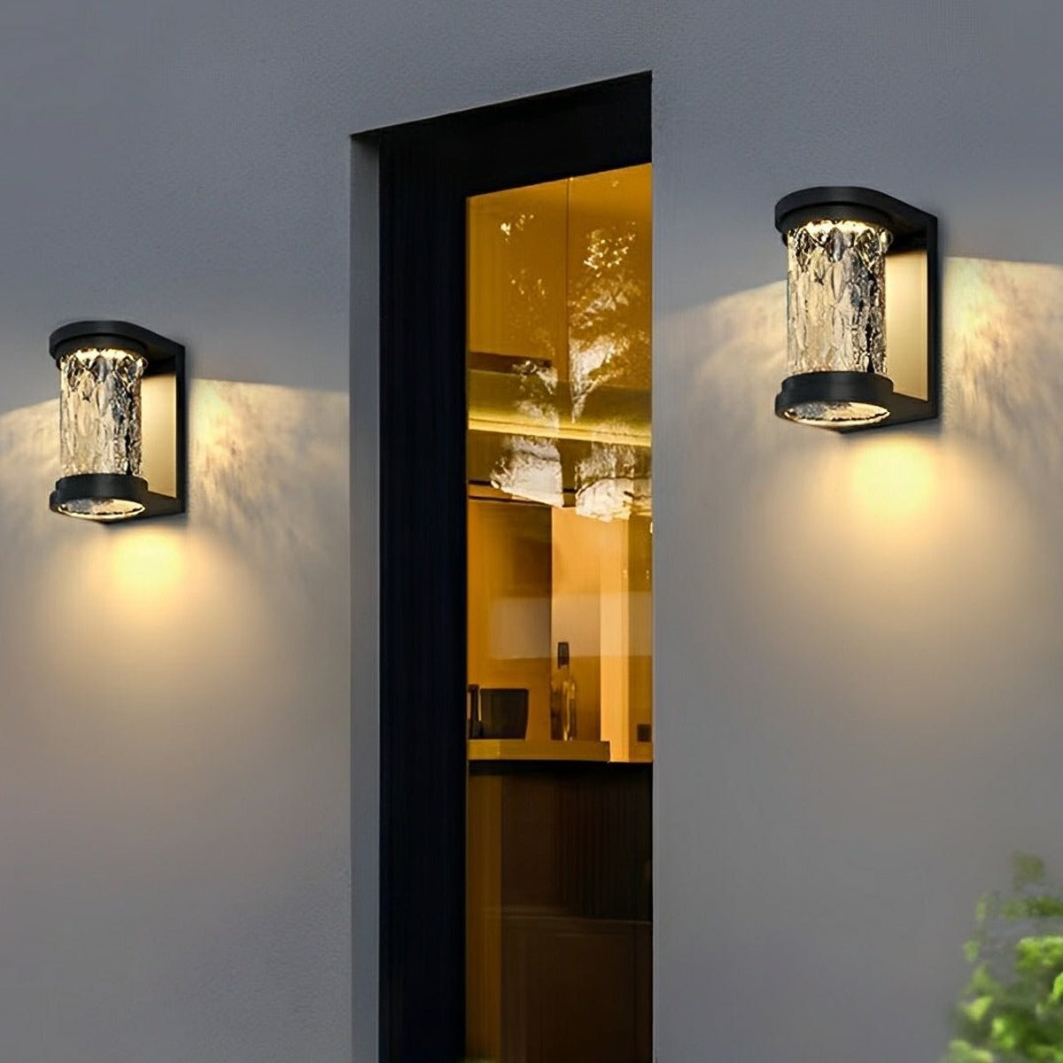 Rippled Glass Drum Wall Light, Black Stainless Steel Porch Sconce 6