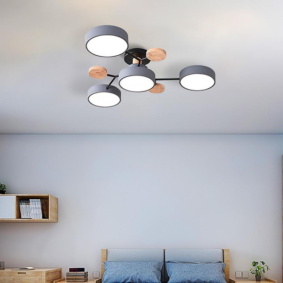 Orbit Disc Semi Flush Chandelier, Wood Accent Metal Ceiling Light 13