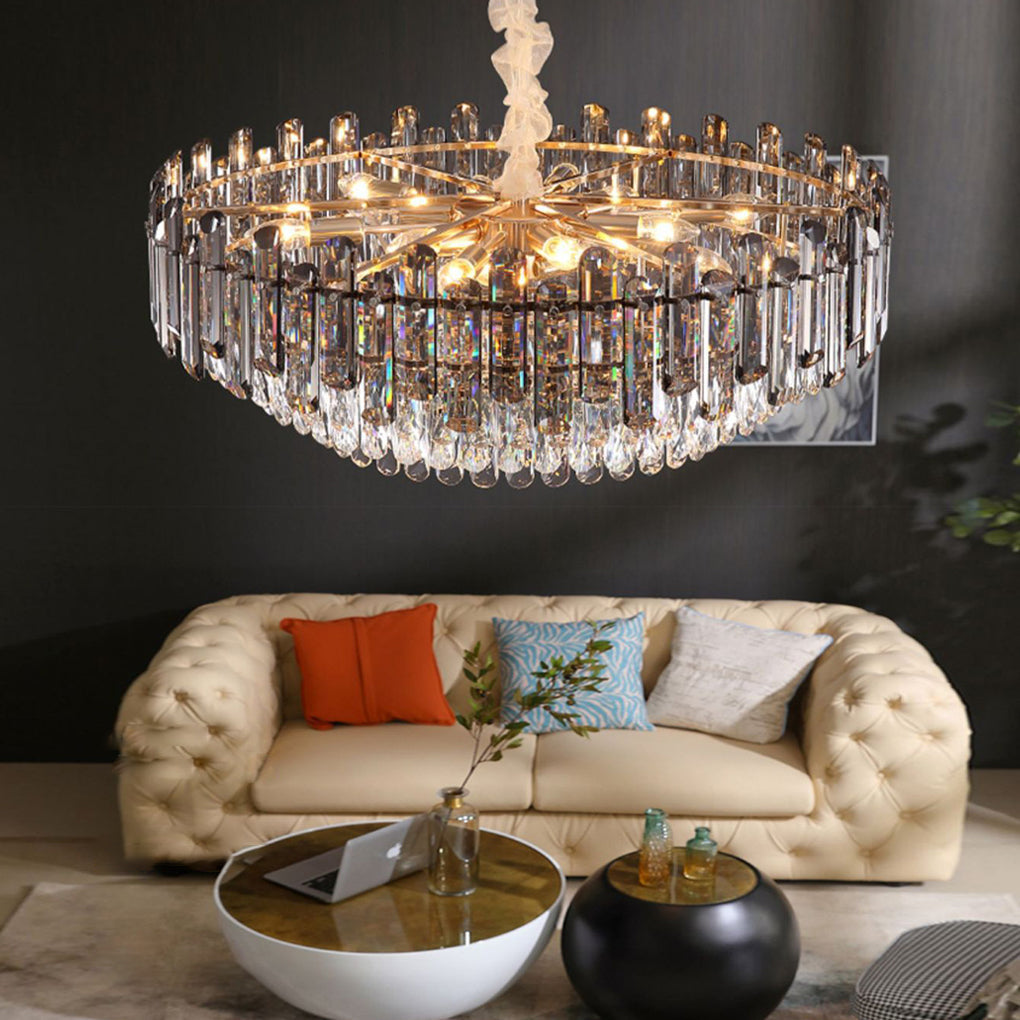 Tiered Smoke Crystal Drum Chandelier, Gold Iron Ceiling Light 9