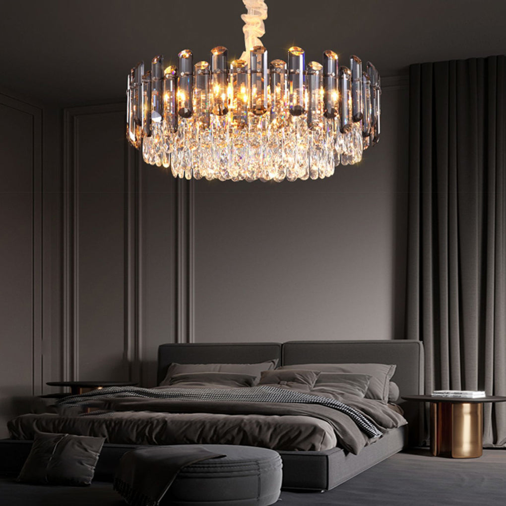 Tiered Smoke Crystal Drum Chandelier, Gold Iron Ceiling Light 5