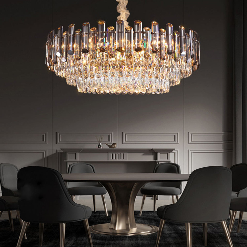 Tiered Smoke Crystal Drum Chandelier, Gold Iron Ceiling Light 7