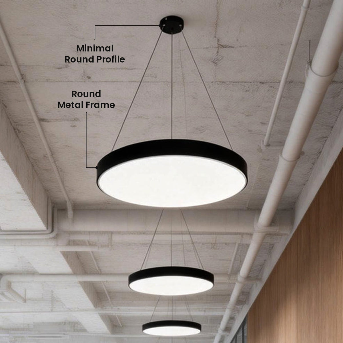 Round Office Pendant Light: Round Metal Frame, Minimal Round Profile