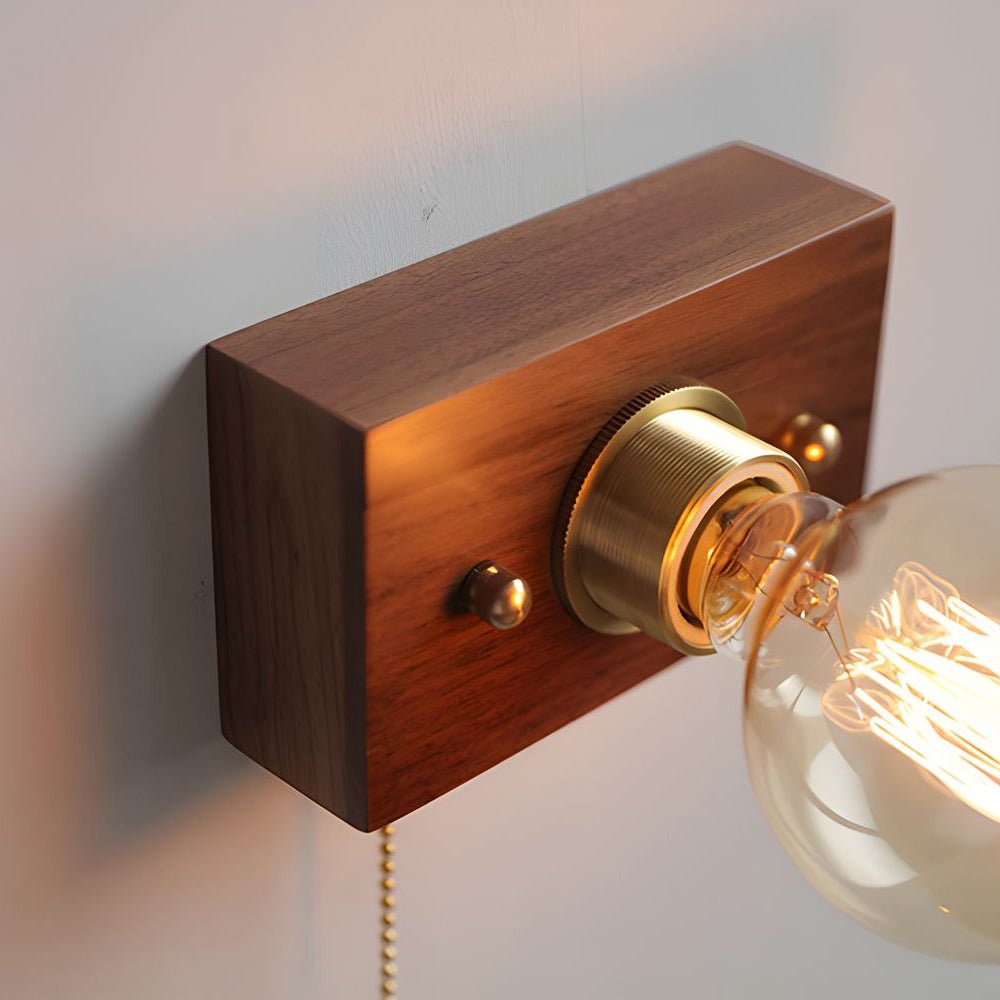 Walnut Disc Wall Light, Wood and Brass Bedside Sconce