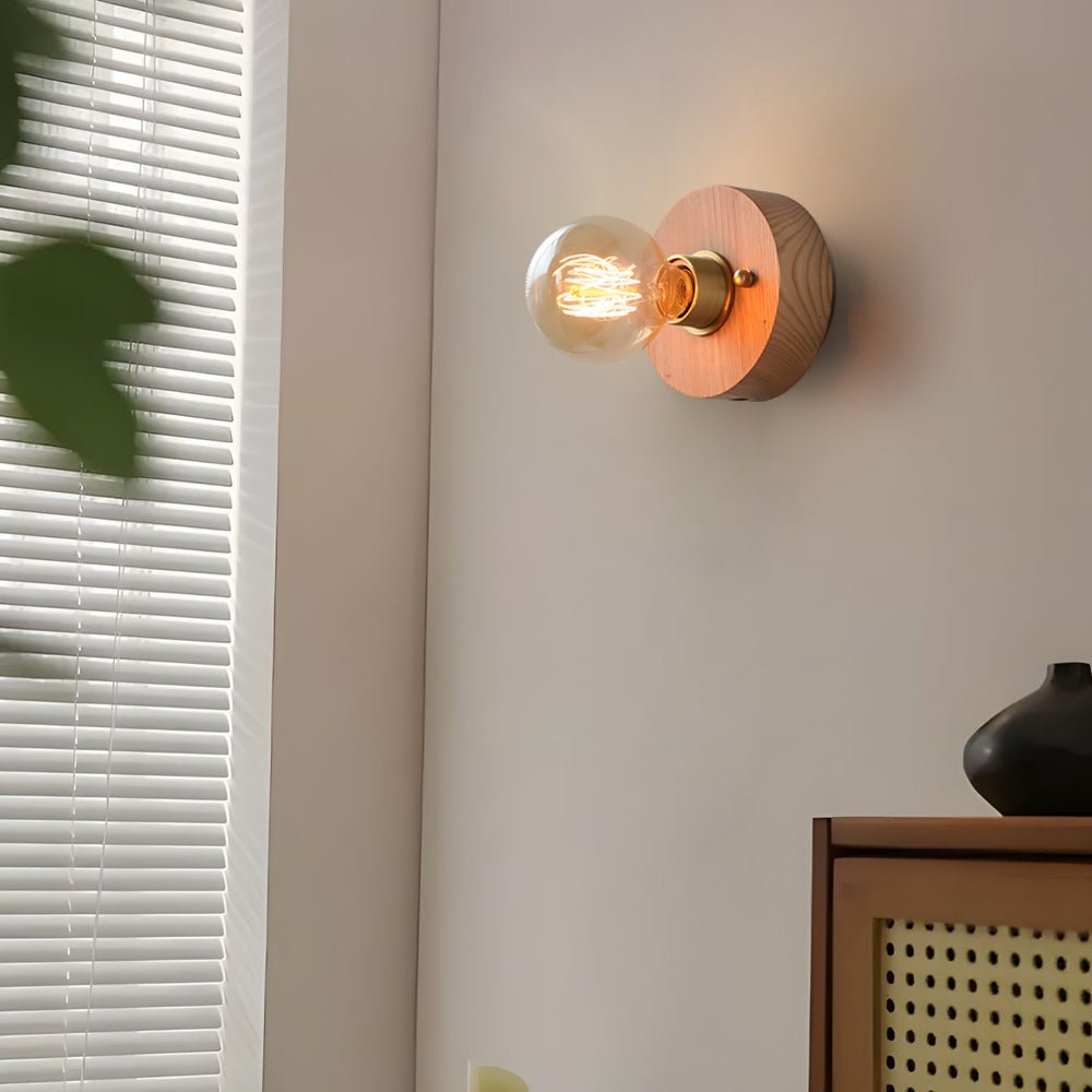 Walnut Disc Wall Light, Wood and Brass Bedside Sconce