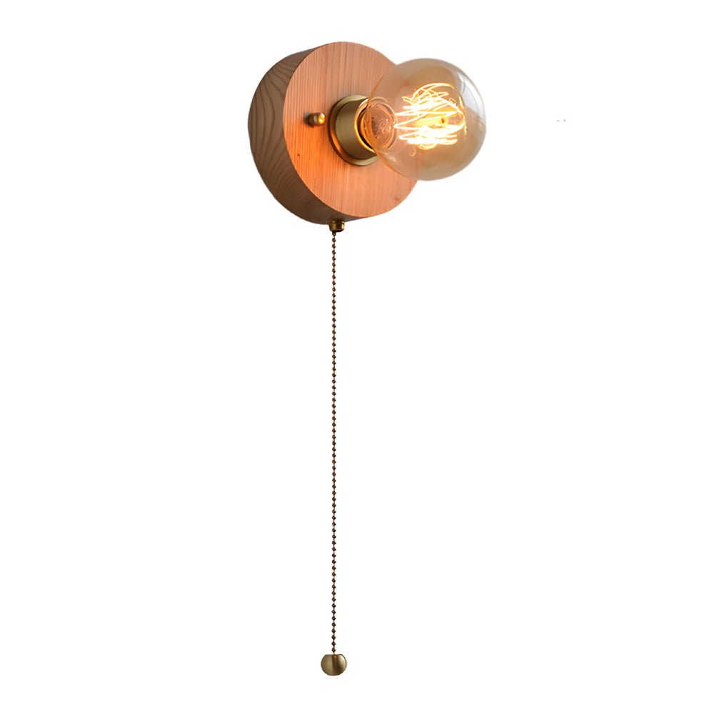 Walnut Disc Wall Light, Wood and Brass Bedside Sconce
