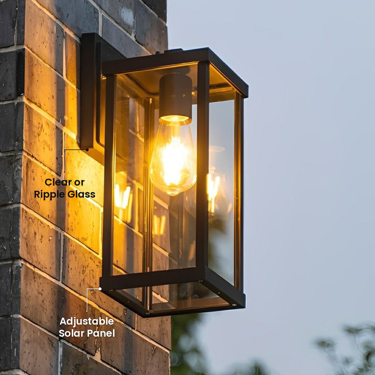 Rustic Box Lantern Porch Light: Clear or Ripple Glass, Adjustable Solar Panel
