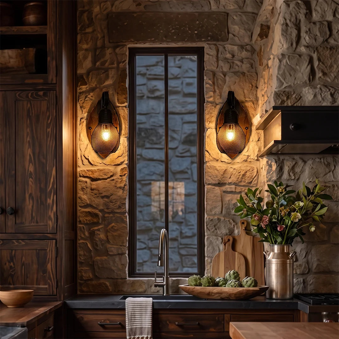 Mesh Cage Wall Sconce, Wood and Black Iron Rustic Light