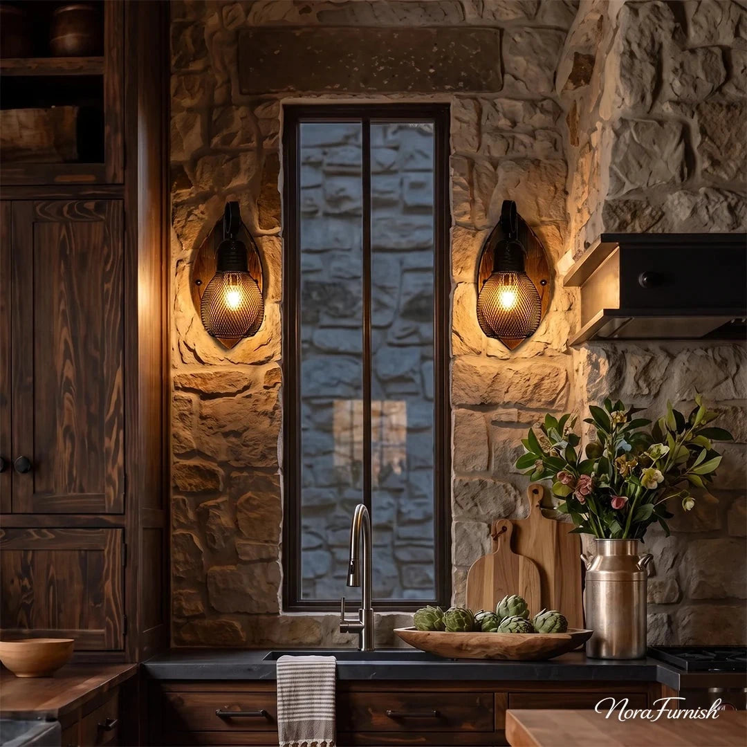 Mesh Cage Wall Sconce, Wood and Black Iron Rustic Light