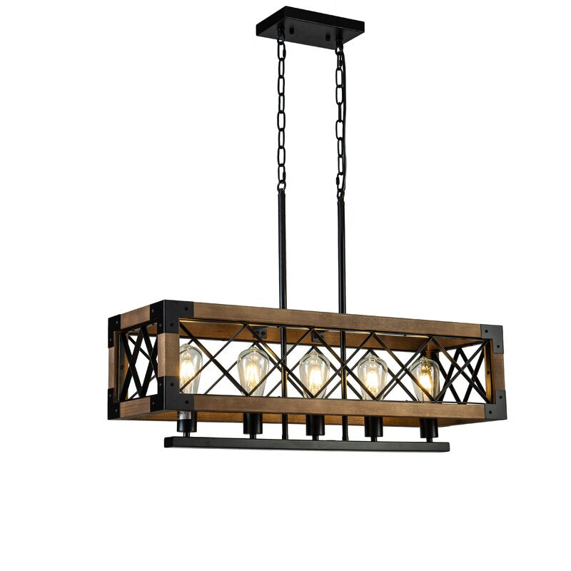 Rustic Wood Cage Linear Chandelier, Farmhouse Island Light