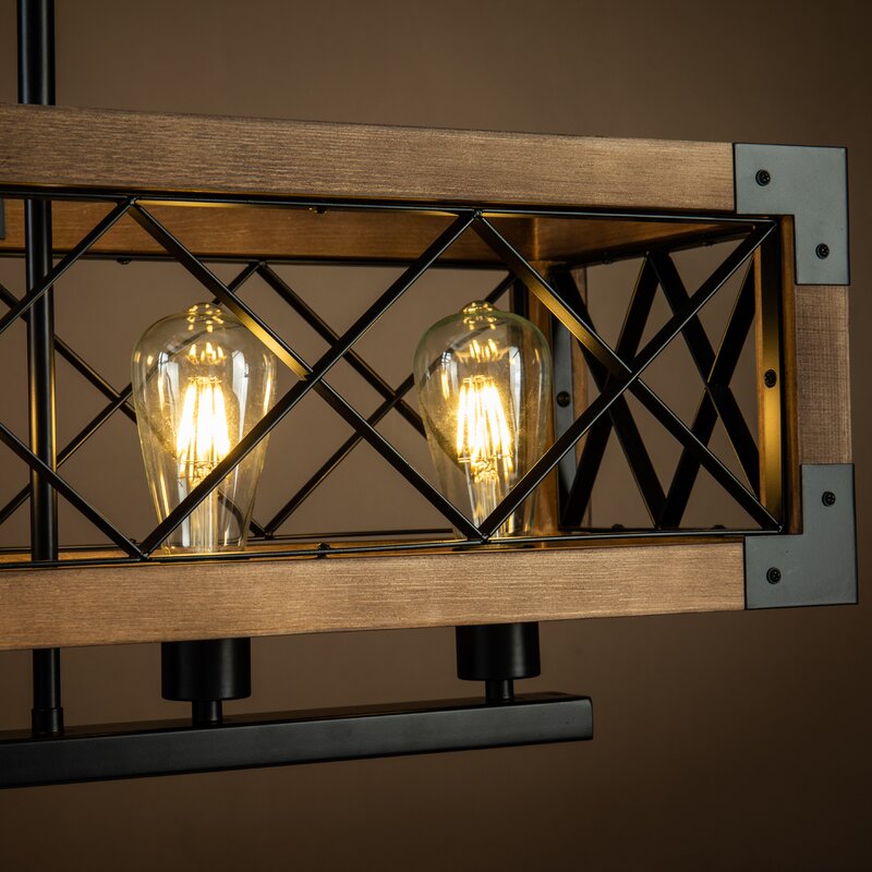Rustic Wood Cage Linear Chandelier, Farmhouse Island Light