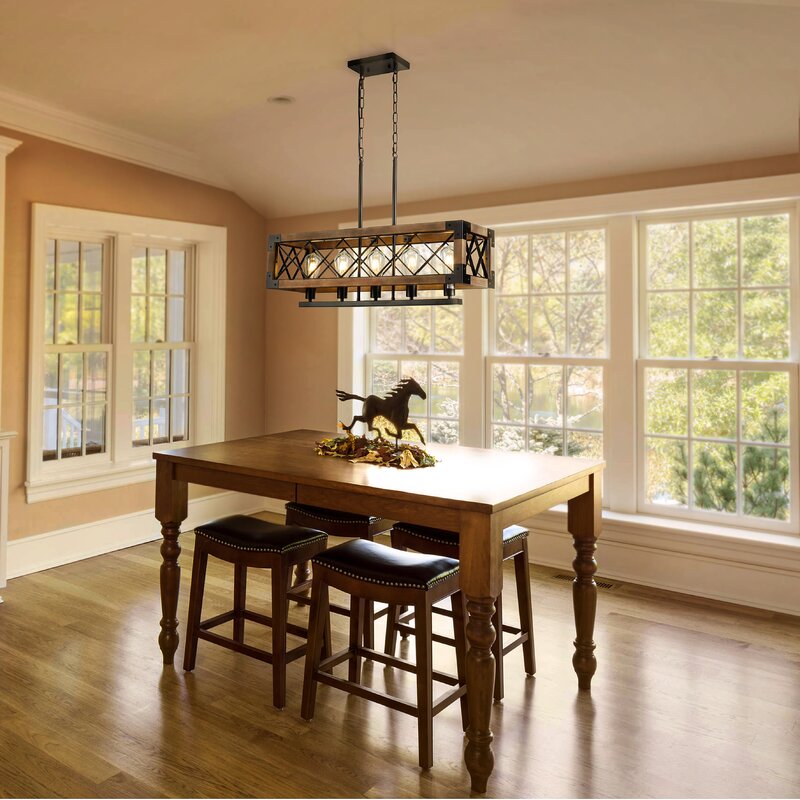 Rustic Wood Cage Linear Chandelier, Farmhouse Island Light