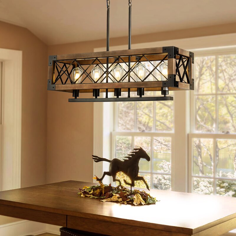 Rustic Wood Cage Linear Chandelier, Farmhouse Island Light