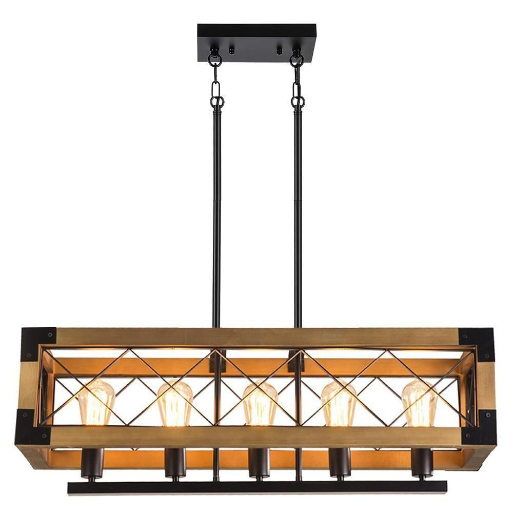Rustic Wood Cage Linear Chandelier, Farmhouse Island Light