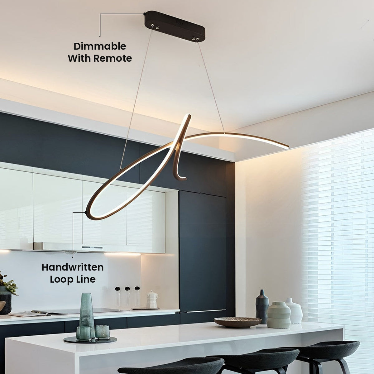 Script Line LED Linear Pendant: Handwritten Loop Line, Dimmable With Remote