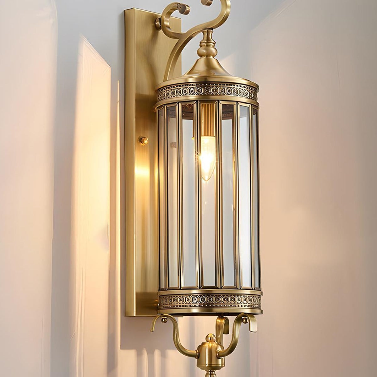 Scroll Arm Cylinder Wall Lantern, Copper and Glass Porch Light