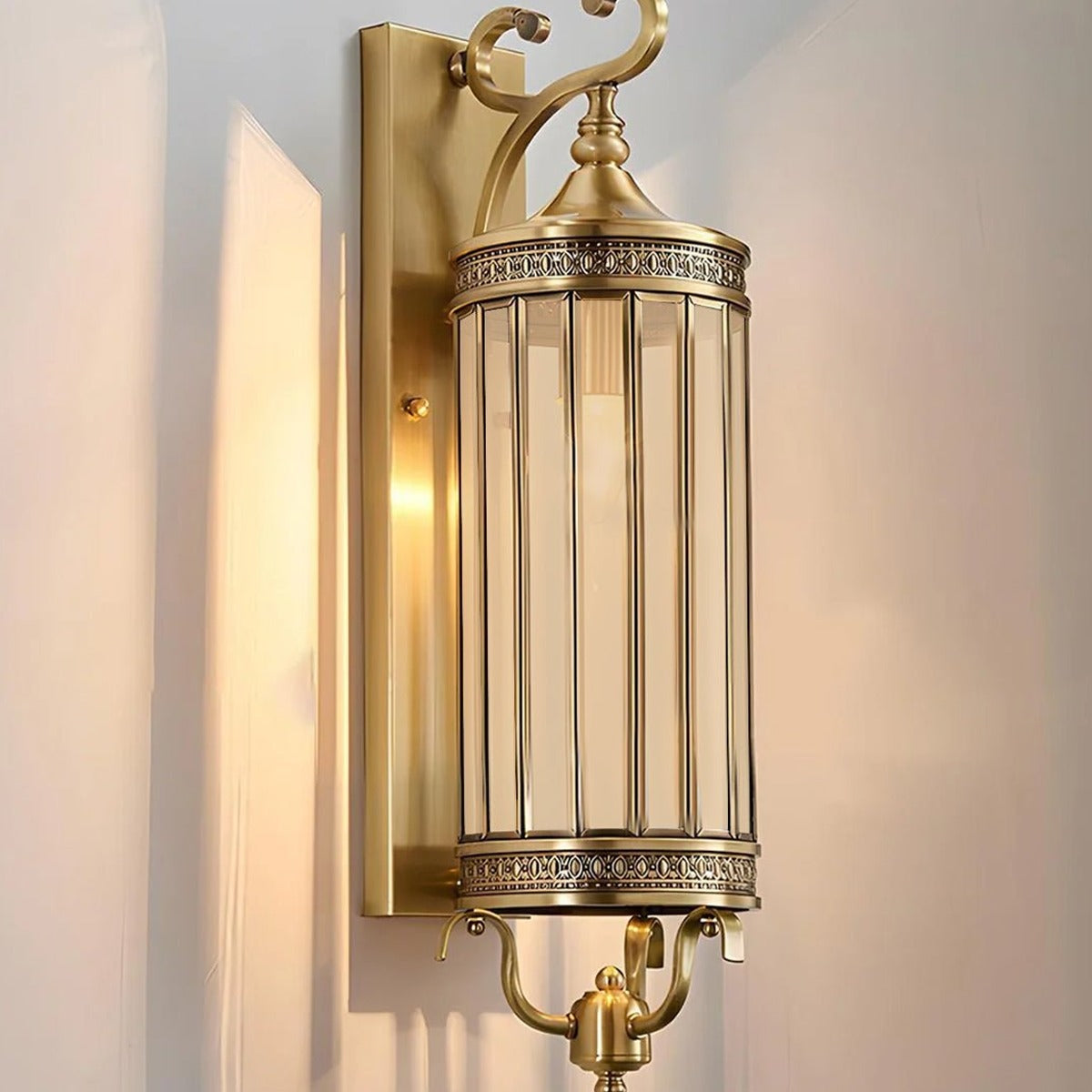 Scroll Arm Cylinder Wall Lantern, Copper and Glass Porch Light 10