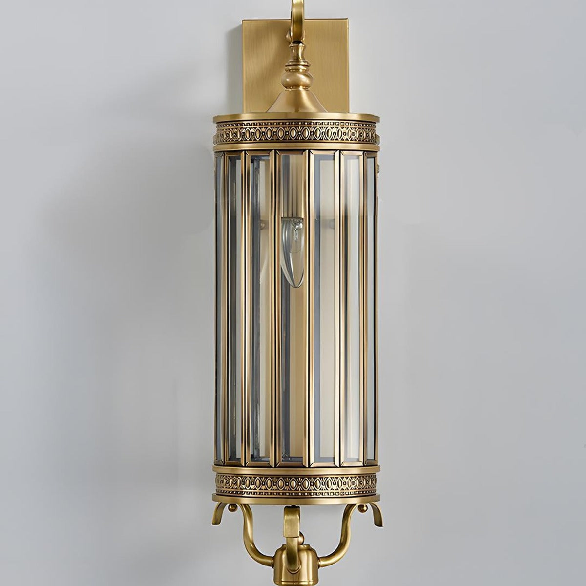 Scroll Arm Cylinder Wall Lantern, Copper and Glass Porch Light 15