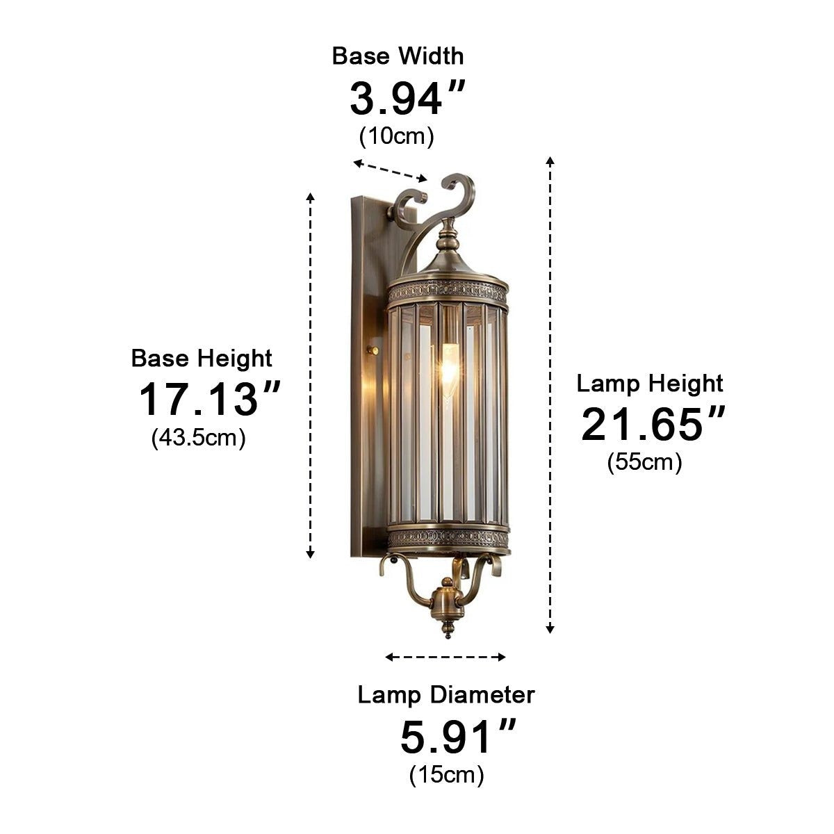 Scroll Arm Cylinder Wall Lantern, Copper and Glass Porch Light 19