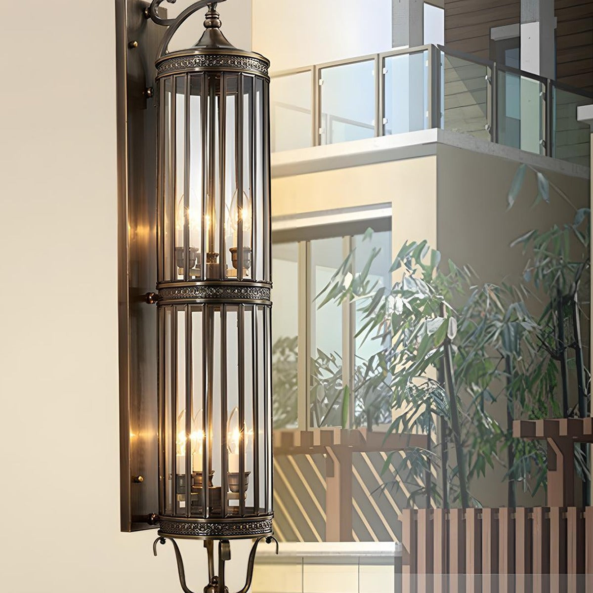 Scroll Arm Cylinder Wall Lantern, Copper and Glass Porch Light 8