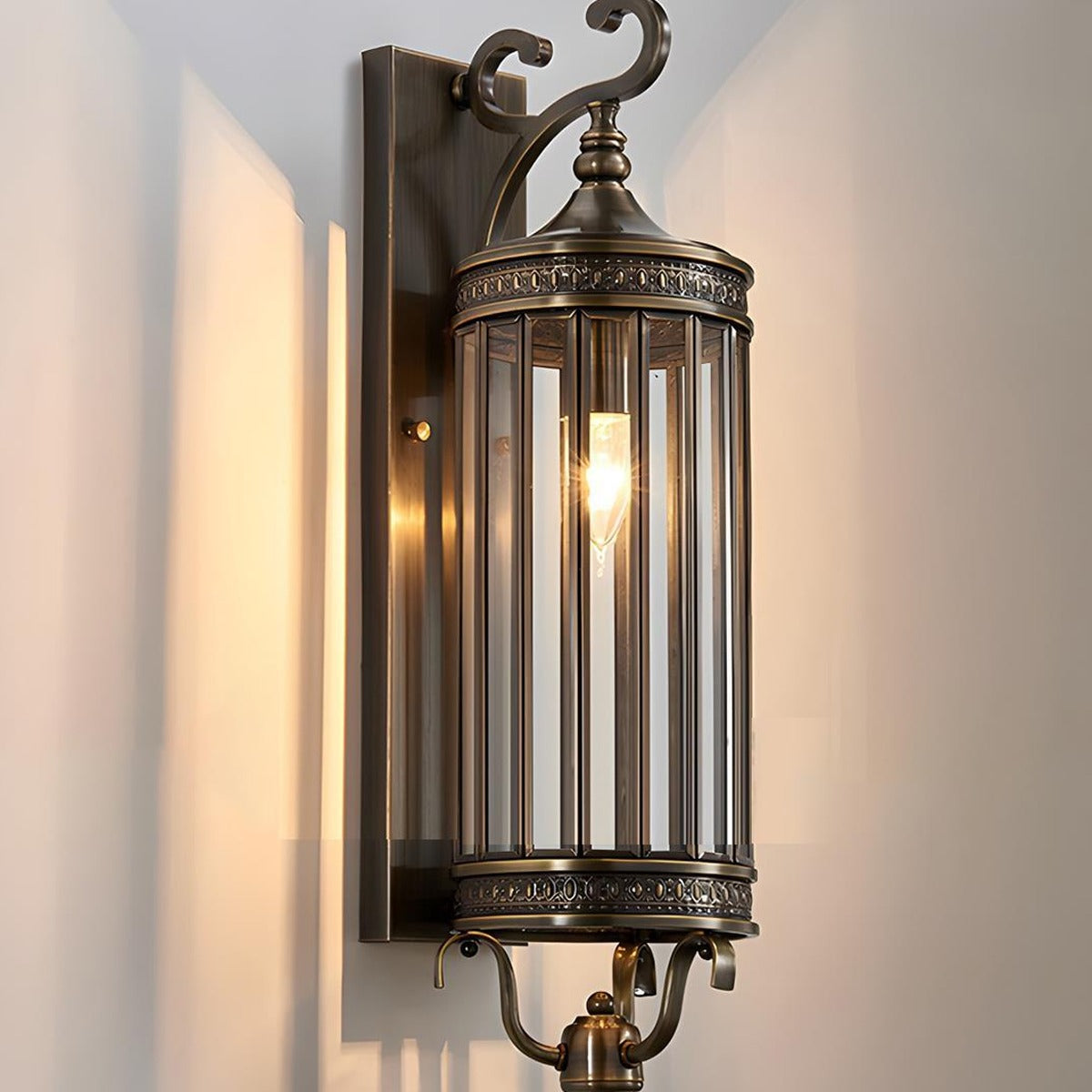 Scroll Arm Cylinder Wall Lantern, Copper and Glass Porch Light 9