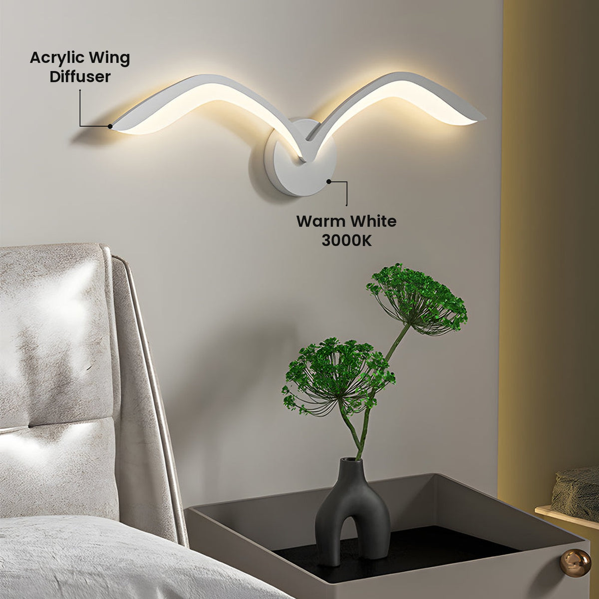 Seagull Flight LED Wall Sconce: Acrylic Wing Diffuser, Warm White 3000K