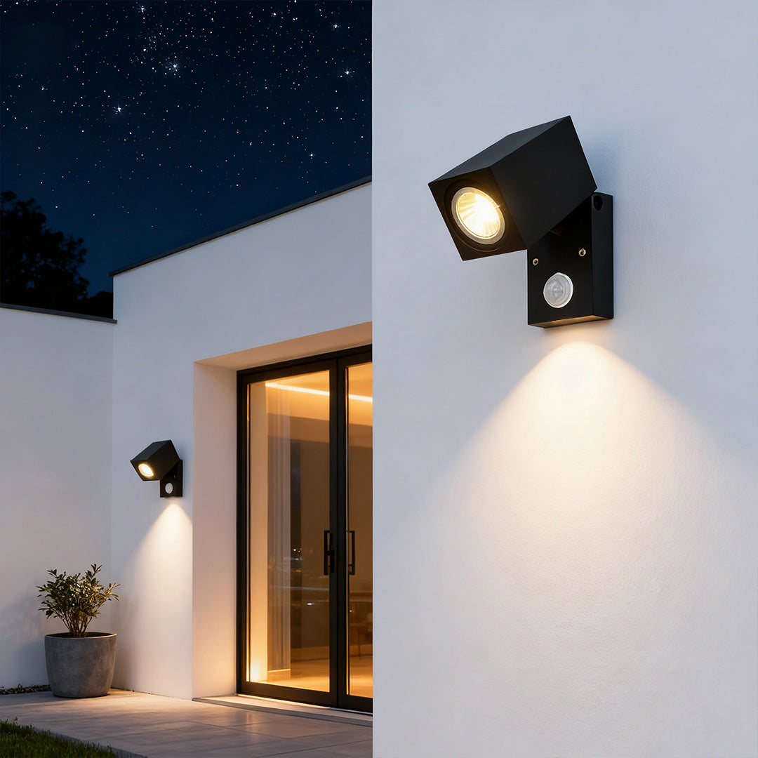 Adjustable Cube Outdoor Wall Light, Black Aluminum Spotlight Sconce 12