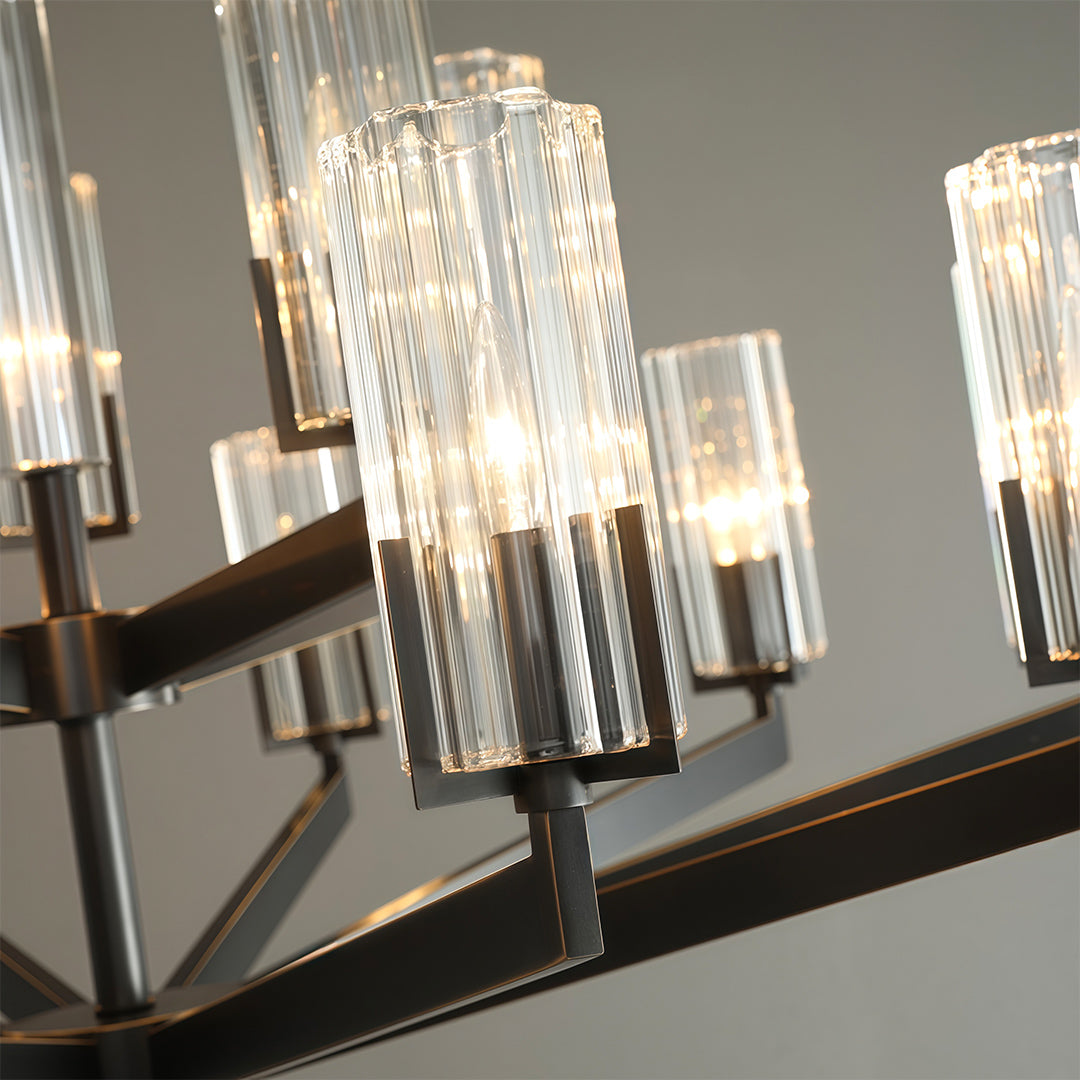 Ribbed Glass Candle Chandelier, Solid Brass Modern Ceiling Light 13