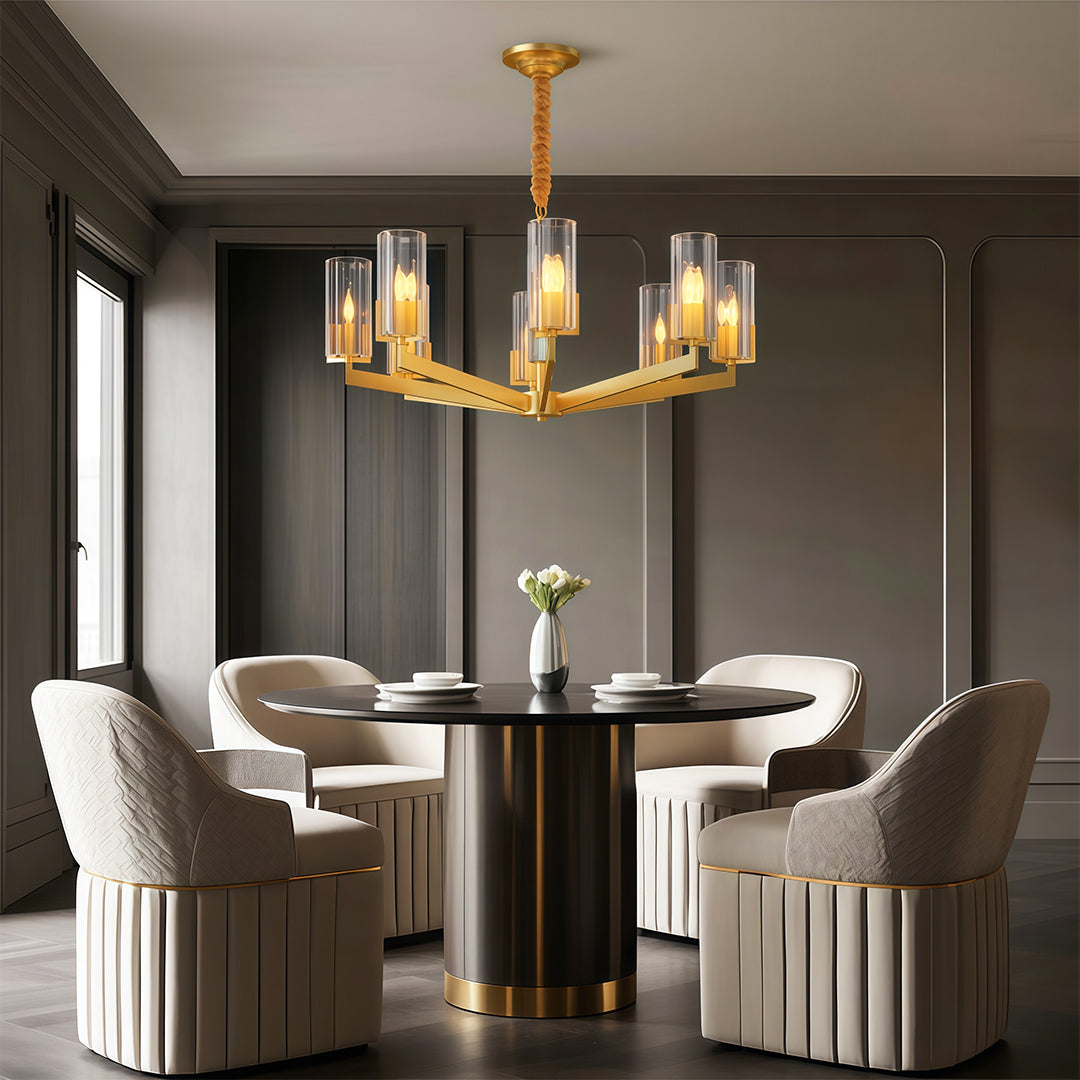 Ribbed Glass Candle Chandelier, Solid Brass Modern Ceiling Light 6