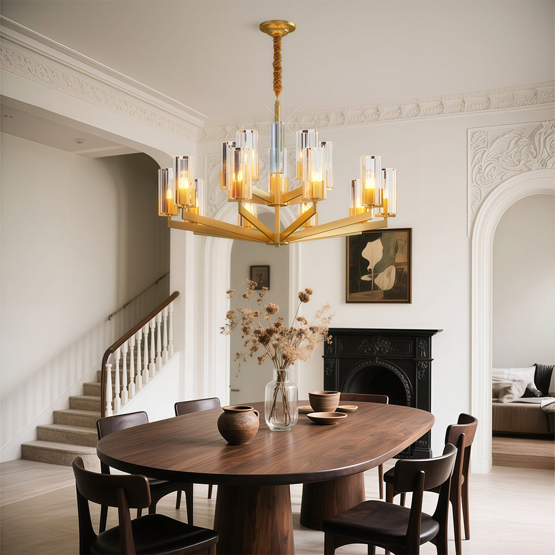 Ribbed Glass Candle Chandelier, Solid Brass Modern Ceiling Light 3