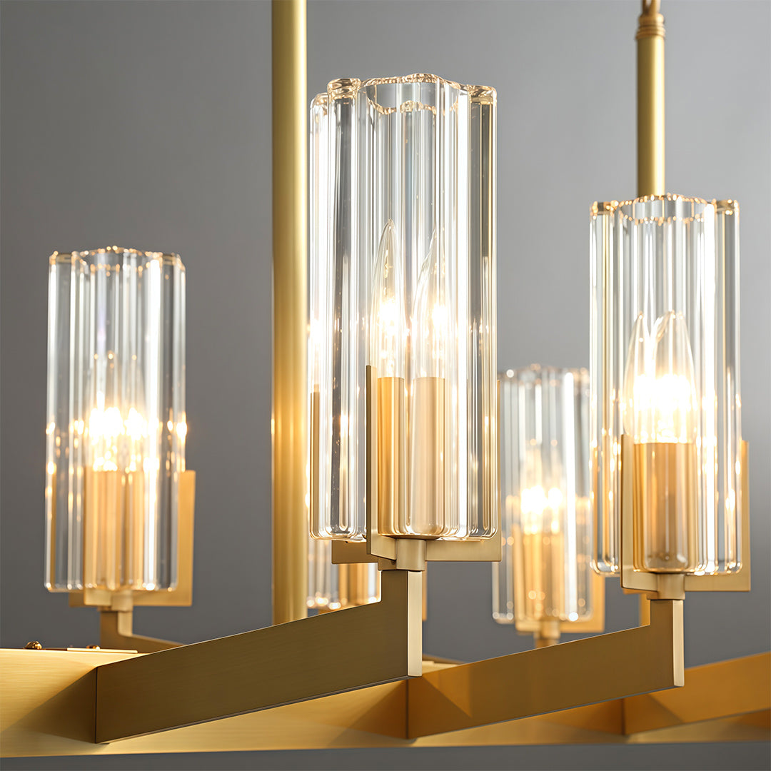Ribbed Glass Candle Chandelier, Solid Brass Modern Ceiling Light 12