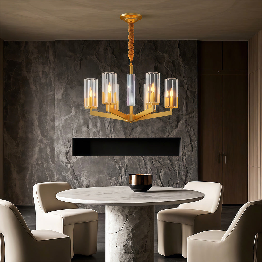 Ribbed Glass Candle Chandelier, Solid Brass Modern Ceiling Light 9