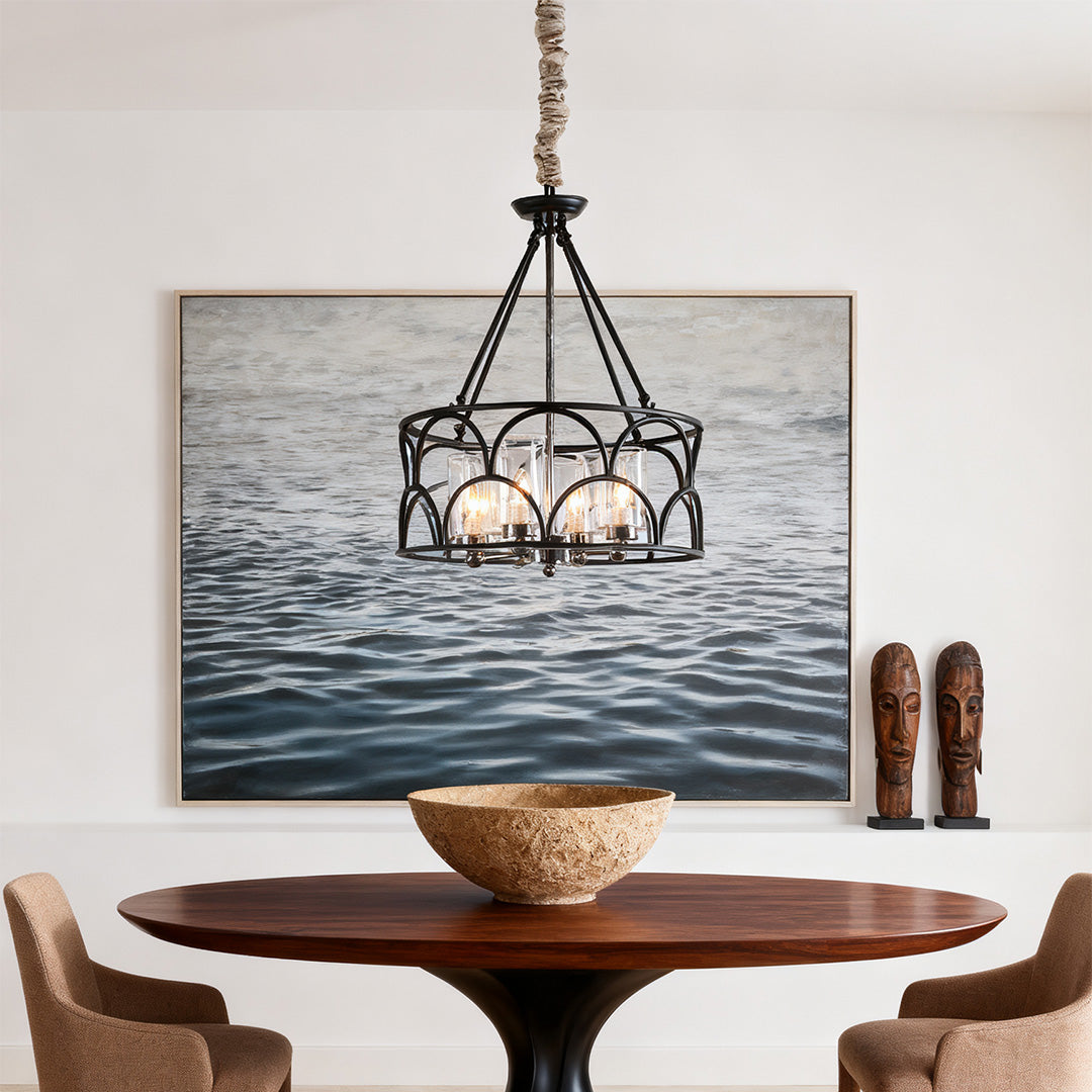 Arched Drum Candle Chandelier, Black Metal and Glass Ceiling Light 5