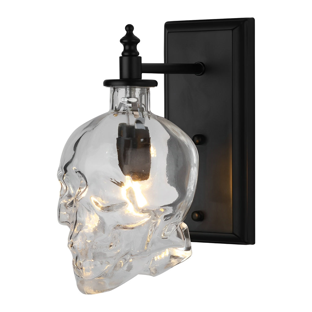 Glass Skull Wall Sconce, Black Iron Industrial Wall Light