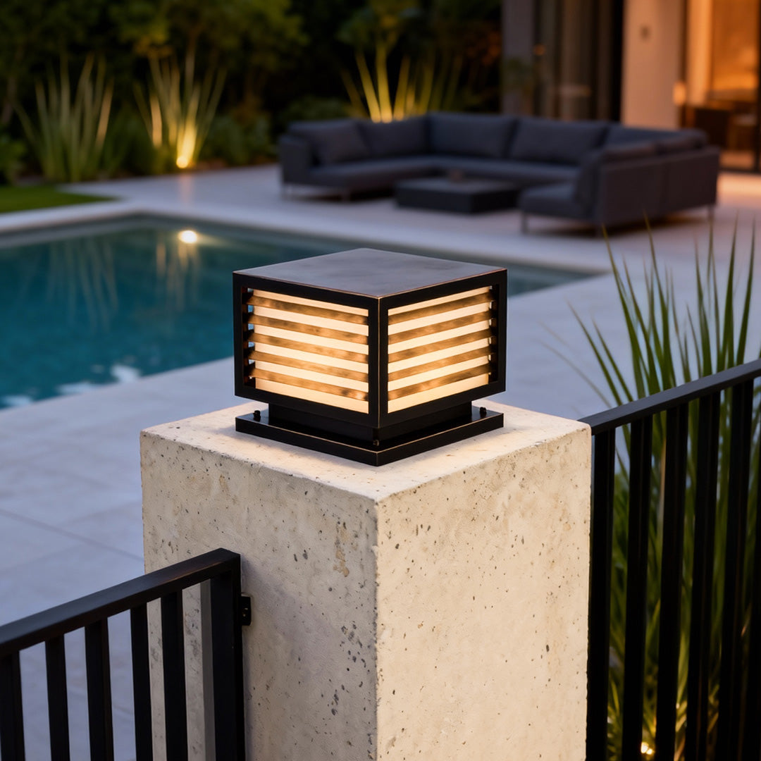 Louvered Cube Pier Light, Black Copper Pillar Cap Light