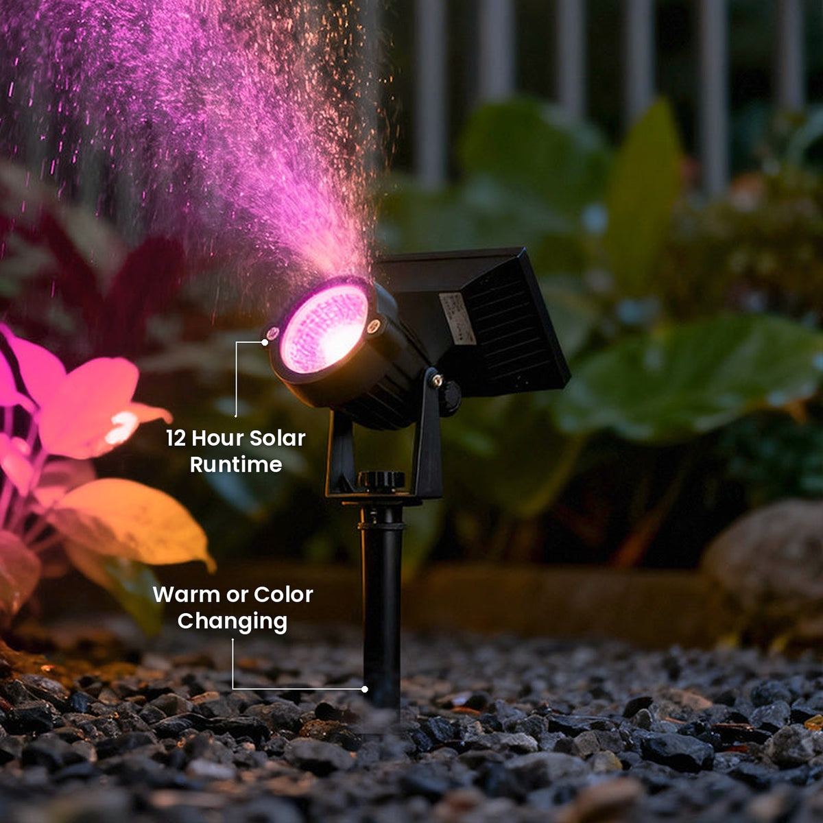Solar Ground Spike Spotlight: 12 Hour Solar Runtime, Warm or Color Changing