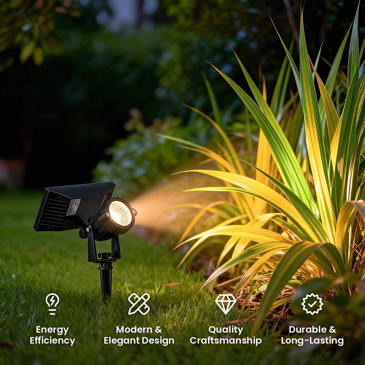 Solar Ground Spike Spotlight: energy efficiency, modern and elegant design, quality craftsmanship, durable and long-lasting