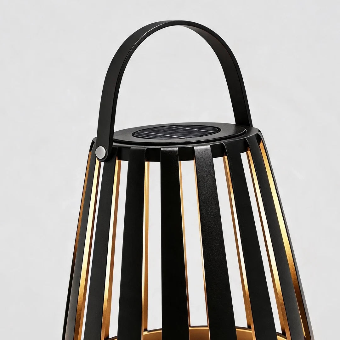 Slatted Solar Patio Lantern, Black Stainless Steel Portable Light