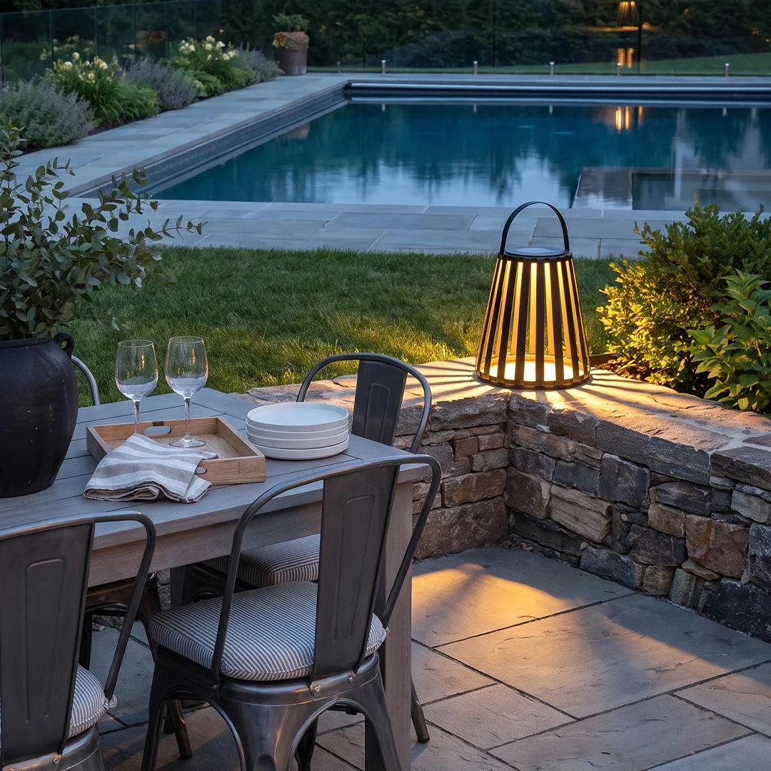 Slatted Solar Patio Lantern, Black Stainless Steel Portable Light