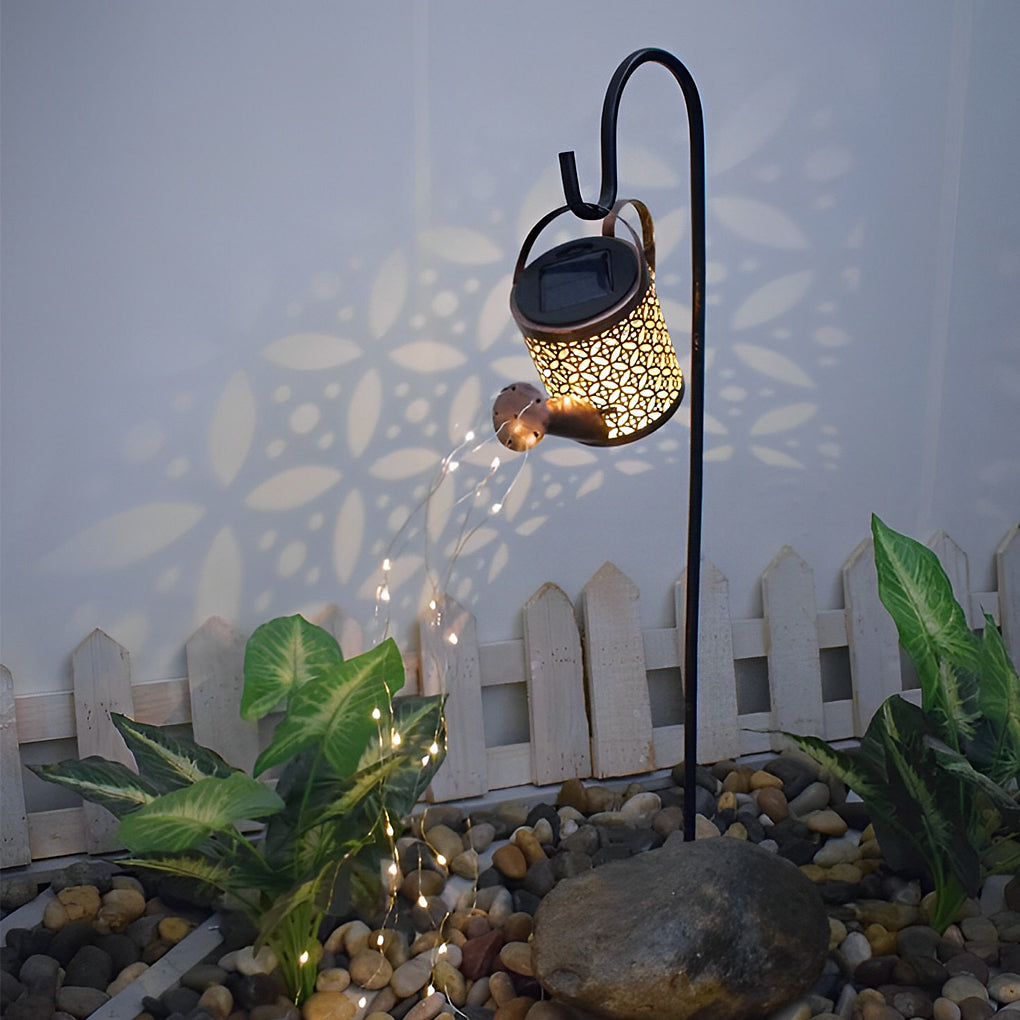 Kettle Shower Garden Light, Solar Cascade on a Shepherd Hook, view 2