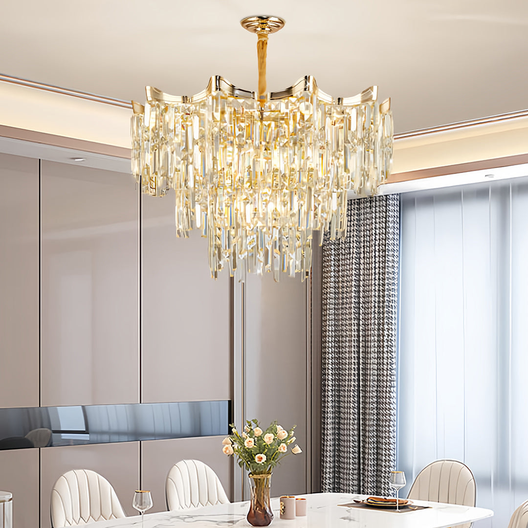 Crystal Waterfall Tiered Chandelier, Gold Metal Ceiling Light