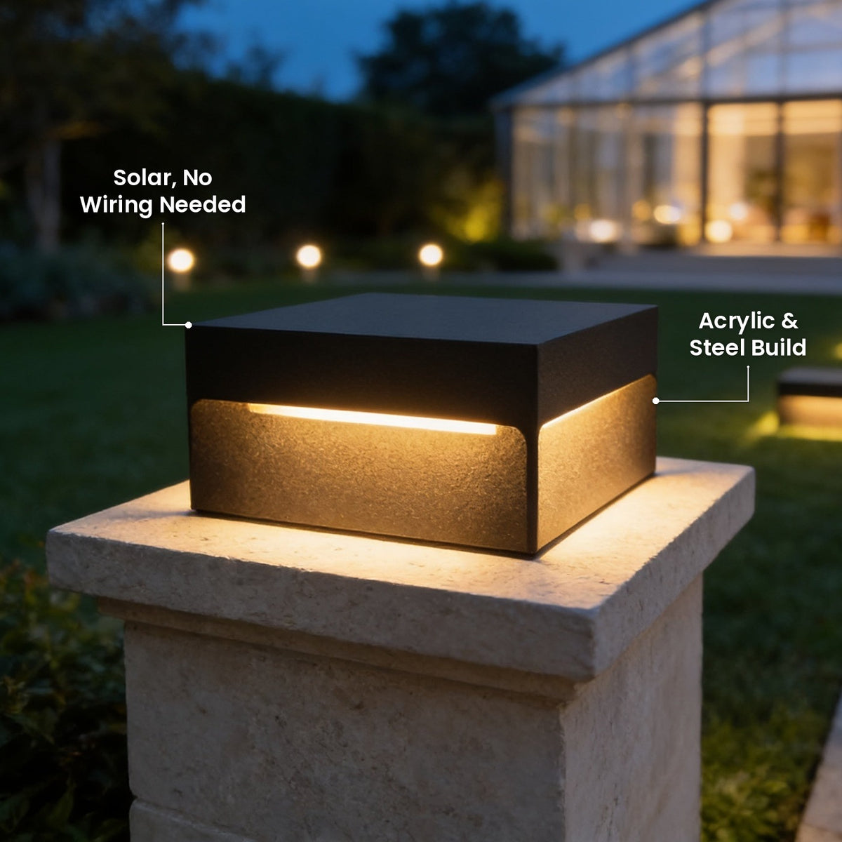 Square Fence Pillar Light: Solar, No Wiring Needed, Acrylic & Steel Build