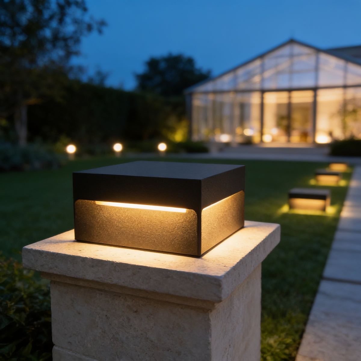 Square Fence Pillar Light on a limestone pillar